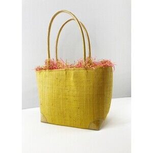 KALOES | Vintage Yellow Straw Bag Raffia Fringe Drawstring Closure Handbag-RARE!
